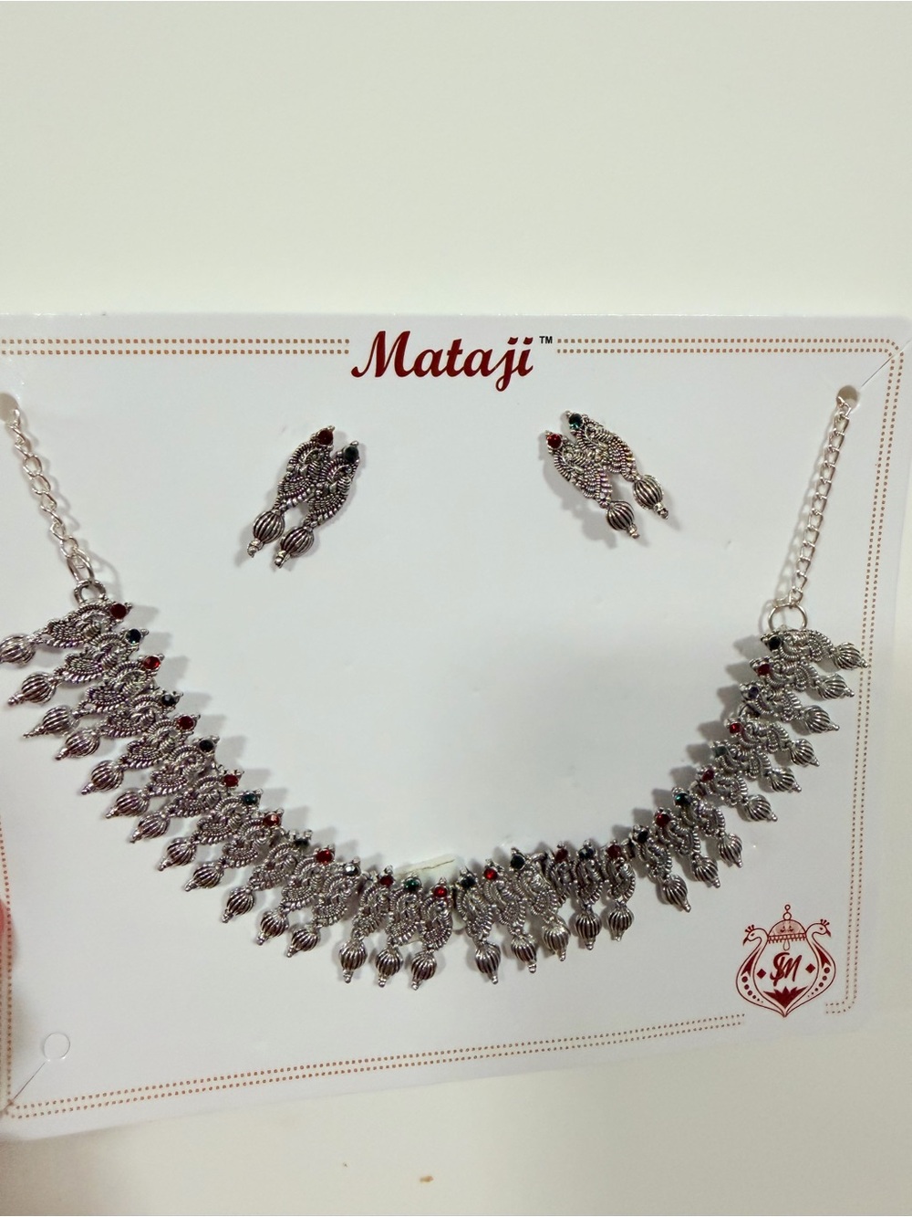 Maaji Silver Necklace and Earring Set with Red Accents